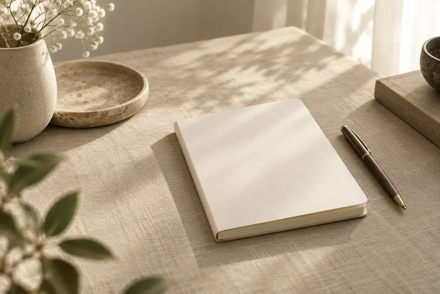 Illustrative blank notebook and pen in soft daylight