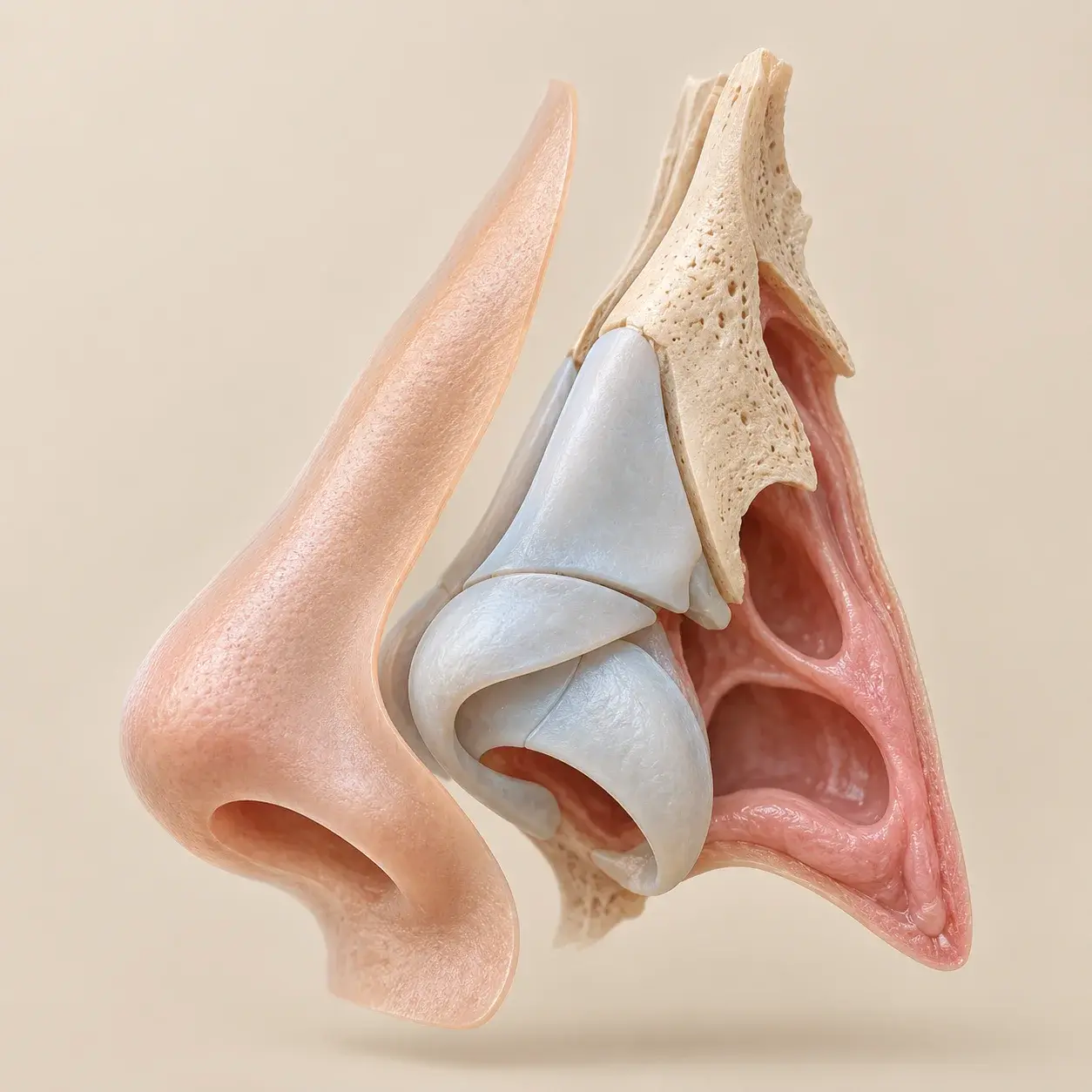 Illustration: nasal skin, cartilage and bone as separated translucent layers