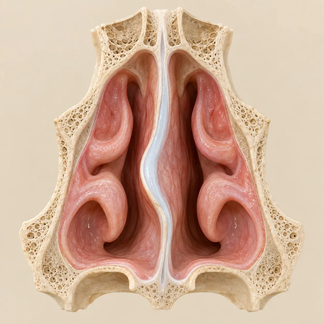 Illustration: a deviated septum between two nasal airways