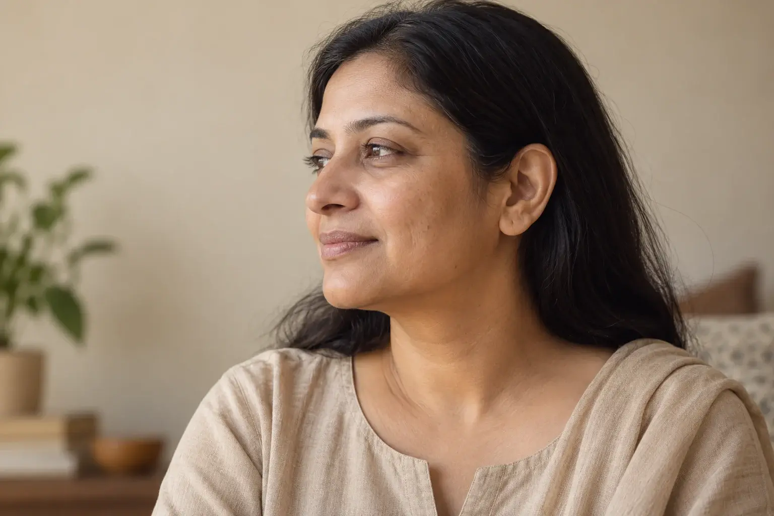 Illustrative portrait of a woman with natural skin texture
