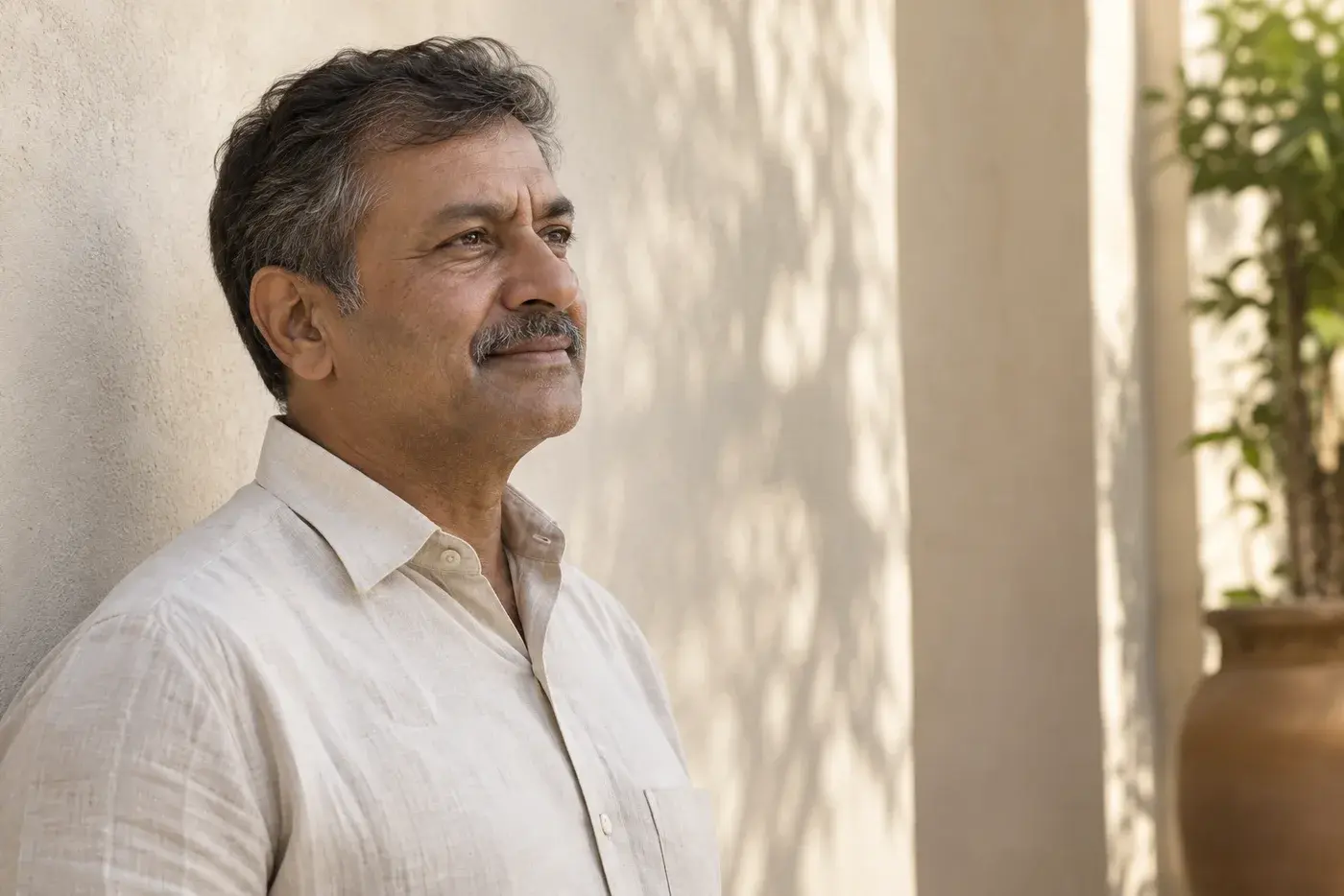 Illustrative editorial portrait of a man in daylight