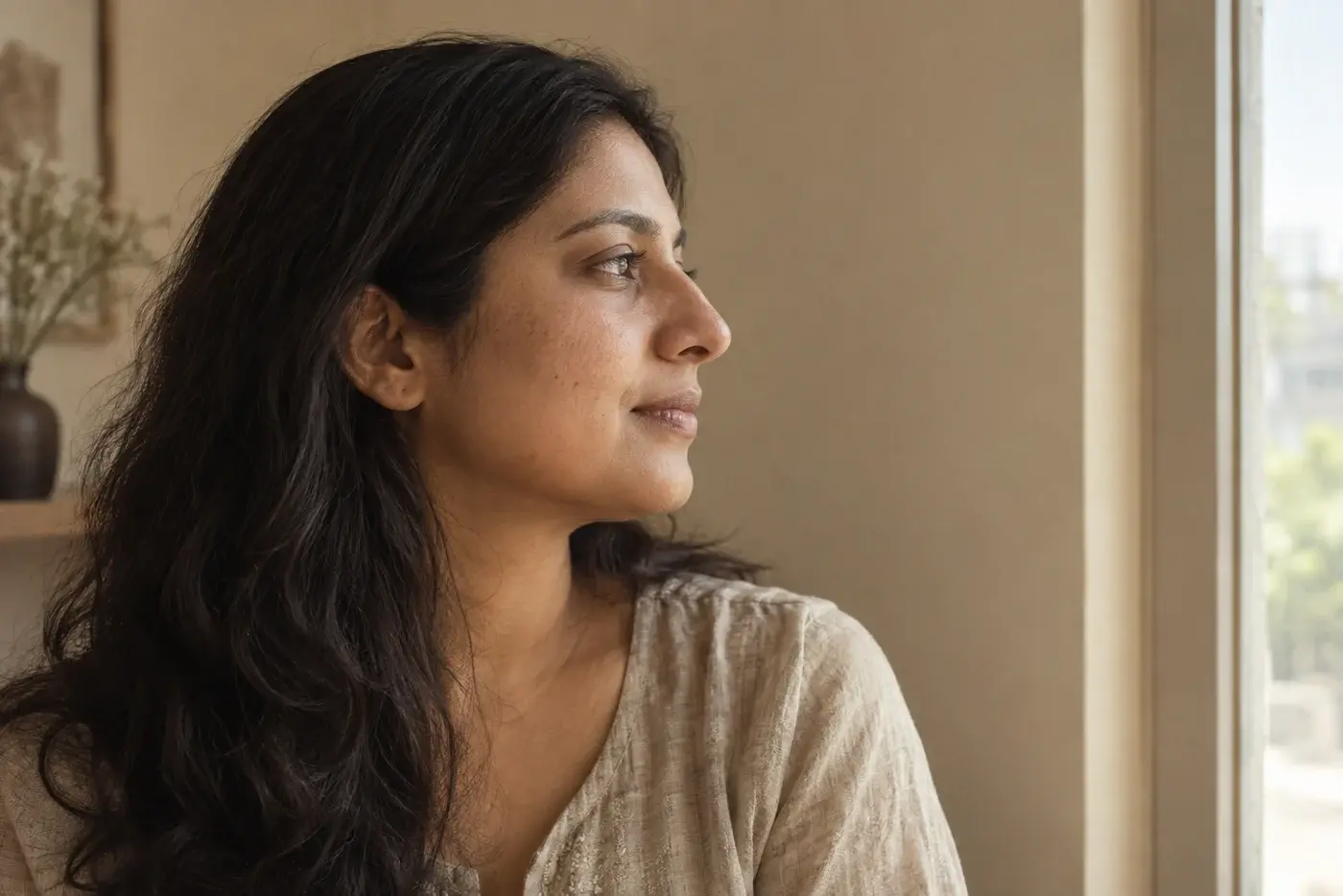 Illustrative side profile of a woman in soft daylight