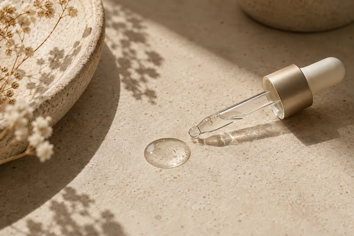 Illustrative glass dropper and clear serum